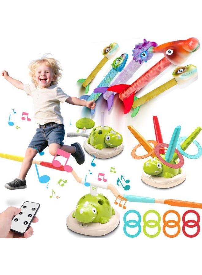 آلة رياضية موسيقية للقفز على شكل ديناصور 3 في 1 للأطفال، حلقة رمي وقاذفة صواريخ، ألعاب رياضية داخلية وخارجية مع جهاز تحكم عن بعد للأطفال من سن 3 إلى 8 سنوات و4 إلى 6 سنوات، هدية لعبة نشطة للخارج للأولاد والبنات - Image 1